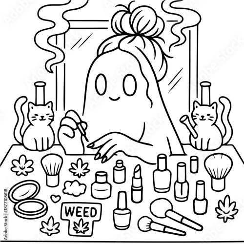 Ghost's Make-up Routine: A whimsical illustration showcases a ghost at a dressing table, engaging in a make-up routine, surrounded by various beauty products and accessories.