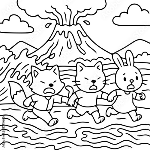 Volcano Eruption Escape: A group of cartoon animals, caught in a dramatic escape from a volcanic eruption, showcasing fear and urgency as they flee the impending disaster.