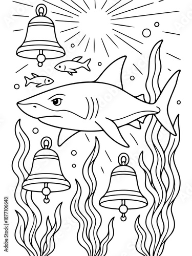 Undersea Harmony: A shark glides serenely amidst submerged bells and aquatic plants, a tranquil scene of oceanic tranquility.