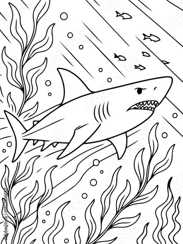 Majestic Shark in the Abyss: A formidable shark glides gracefully through the depths, its powerful form and razor-sharp teeth a testament to the untamed wilderness of the deep ocean. 