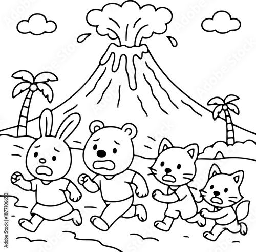 Escape from the Volcano: Animated animal characters flee in terror as a volcano erupts, spewing ash and lava, embodying the sheer power of nature's wrath.