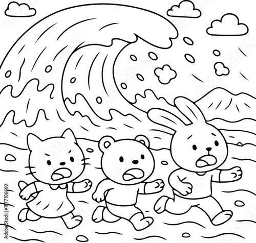 Animal Friends Escape the Deluge: A dramatic scene unfolds as a cat, a bear, and a rabbit are urgently fleeing a towering tsunami wave. Illustrating urgency and the power of nature.