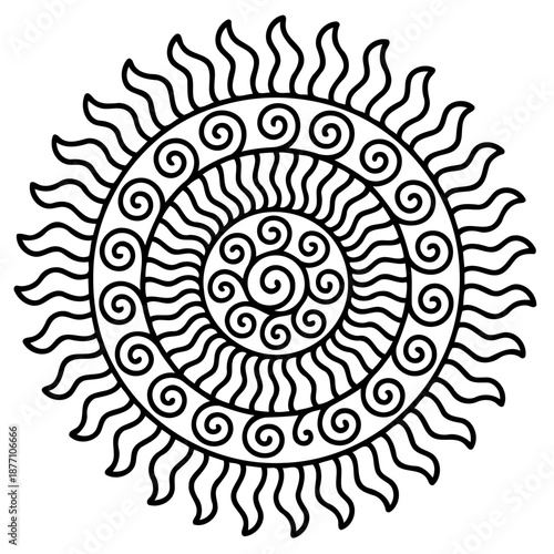 Radiant Mandala: An intricate, artistic mandala design, representing the sun, embodies inner peace and spiritual awakening, ideal for meditation and artistic exploration.
