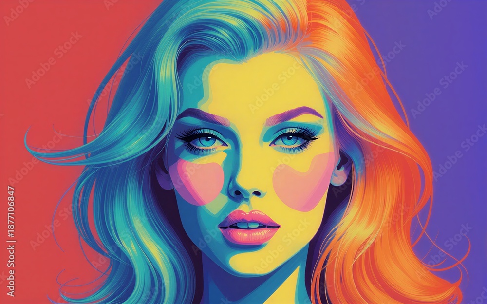 Obraz premium Vibrant pop art portrait of woman with flowing red hair, bold colors and striking makeup.