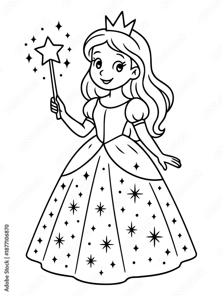 Fototapeta premium Enchanting Princess and Her Magic Wand: A fairytale image of a beautiful princess, holding a shimmering star-tipped magic wand. Wearing a crown and gown.