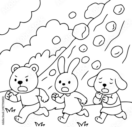 Run for Safety: A trio of cartoon animals, the bear, the rabbit, and the dog, are in a perilous situation and flee from an imminent avalanche, capturing the panic and chaos in a line drawing.