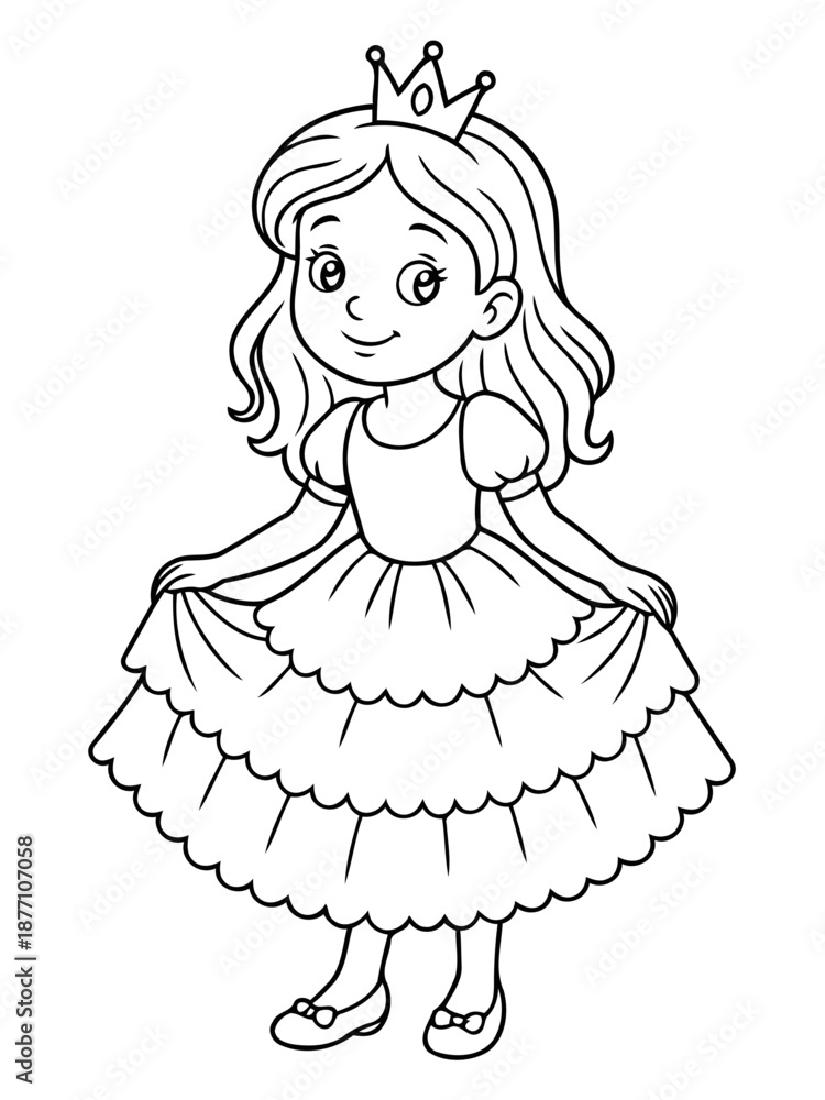 Fototapeta premium Princess in Waiting: A charming illustration of a young princess, adorned with a crown and elegant gown, standing gracefully, embodying fairy tale dreams and youthful royalty.