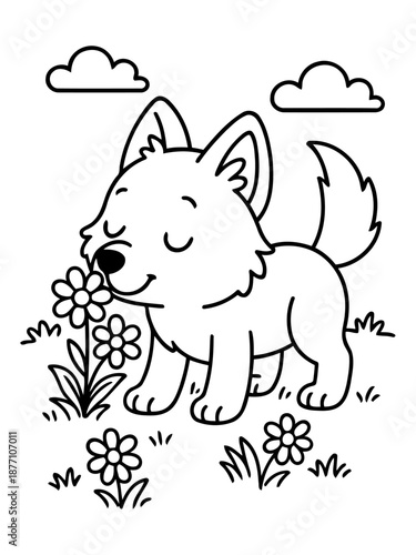 Puppy smelling Flowers: A cute puppy sniffing the sweet fragrance of blooming flowers, with whimsical clouds overhead.