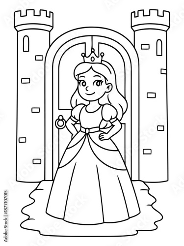 Crowned Princess at Castle's Doorway: A young princess, adorned with a regal crown, stands poised at the entrance of a grand castle. The scene evokes a sense of enchantment and wonder.