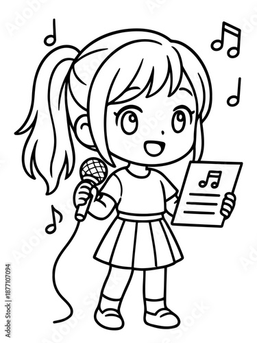 A Little Girl with Microphone and Notes: A cute girl, with her hair in a ponytail and a microphone in hand, passionately performs a song. Notes float around, capturing a moment of pure joy