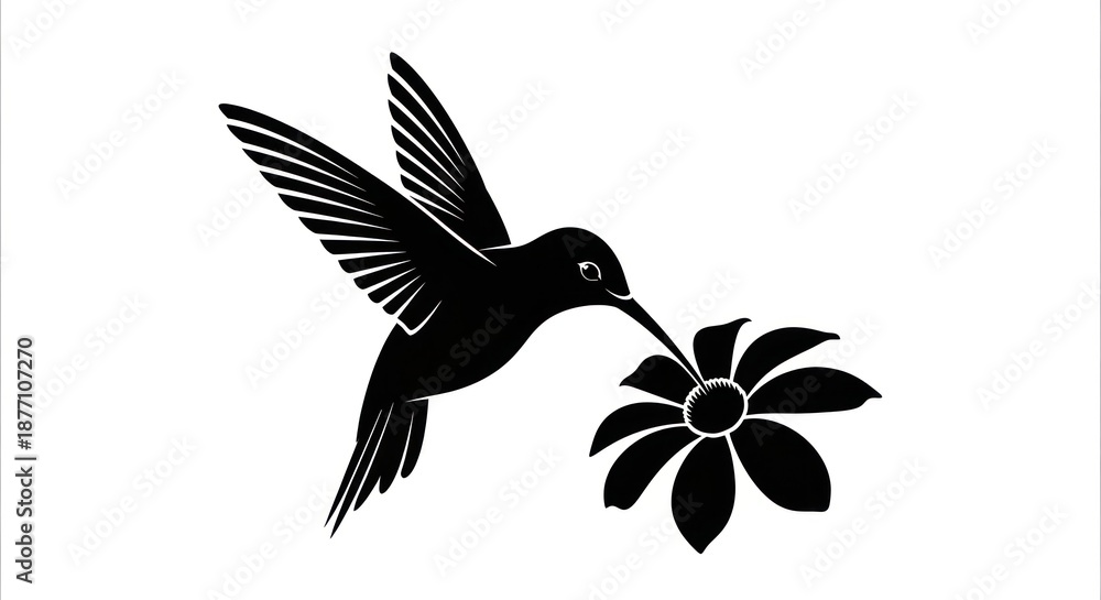 Fototapeta premium Hummingbird silhouette with daisy in minimalist style, a striking avian vector emblem design