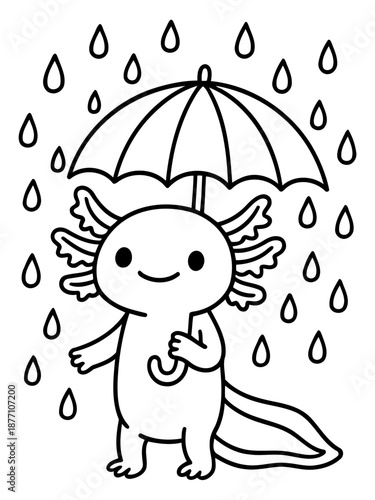 Happy Axolotl in Rain: An adorable illustration of an axolotl confidently sheltering itself from the rain under an umbrella, radiating cheerfulness and resilience.