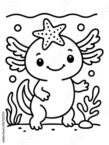 Axolotl with Starfish: A charming axolotl with a delightful starfish atop its head, depicted in an underwater setting, smiling.