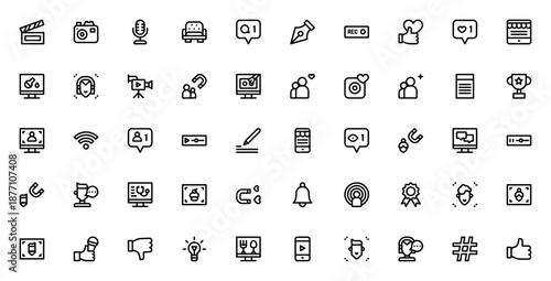 Blogger Influencer Essentials icon set. Vector illustration pack with symbols for video, social media, content creation, camera, microphone, like, follow and more.