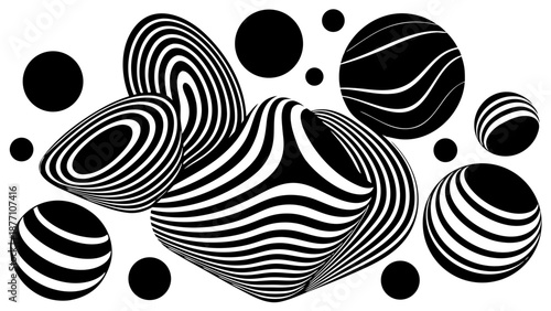 Set of black and white cartoon vector illustrations featuring a bee, cat, and fish in a seamless nature pattern design for marine animal tattoos and underwater ocean art