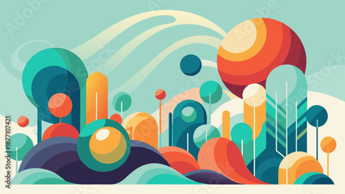 Abstract floral nature vector illustration featuring summer landscape design with tropical waves and flowers under a sunny sky with clouds and colorful rainbow patterns over the blue sea water