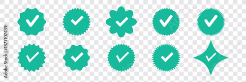 Blue tick verified social media account icons. approved profile sign. black, gold and blue tick in circles and rounded corner star. vector illustration on transparent png background.