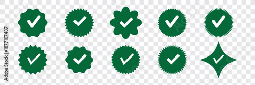 Blue tick verified social media account icons. approved profile sign. black, gold and blue tick in circles and rounded corner star. vector illustration on transparent png background.