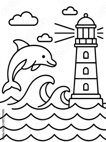 Guiding Light: A lighthouse stands tall on the coast, its beam cutting through the air, while a dolphin playfully leaps out of the waves.