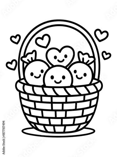 Sweet Delights in Woven Basket:  A heartwarming illustration of a wicker basket overflowing with cheerful, smiling candies, surrounded by floating hearts, evoking a feeling of joy and sweetness.