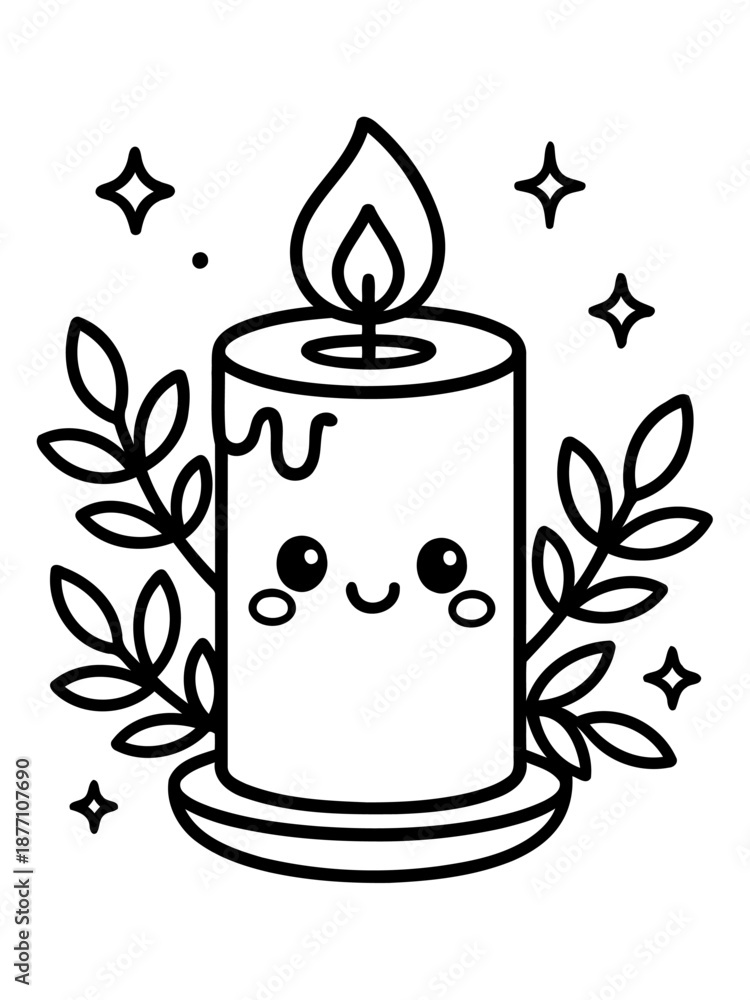 Obraz premium Cute Candle: An endearing, cartoon-style candle, complete with a smiling face and whimsical touches, offering a sense of warmth and comfort.