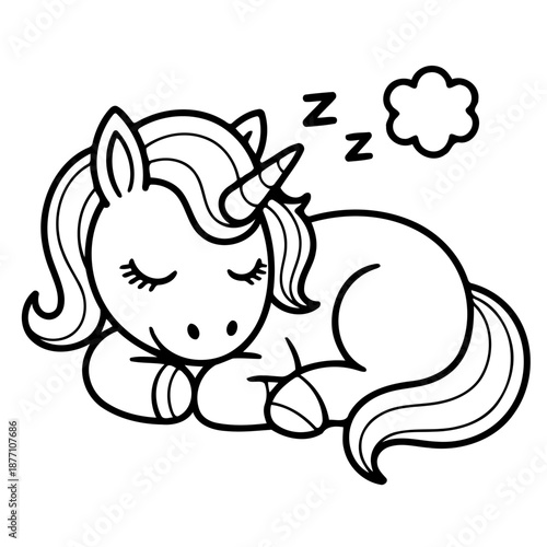 Dreaming Unicorn's Slumber: A serene unicorn peacefully sleeps, curled up, with z symbols above its head, symbolizing sweet dreams and tranquility.