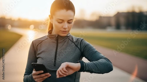 Fit young woman in sportswear checking fitness tracker and smartphone on a park pathway during sunrise or sunset