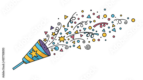 Striped party popper in blue and yellow colors emitting a spray of colorful confetti pieces represents celebration and holiday happiness.