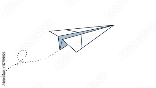 White paper airplane flying through the air with a dotted loop path trail represents travel, freedom, and dreams for adventure and play.