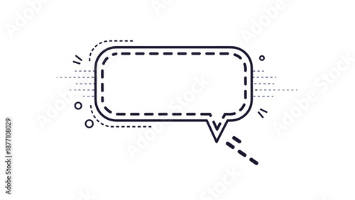 Rectangular speech bubble with dashed line borders and decorative elements represents a message, chat, or dialogue for digital communication.
