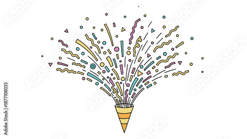 Wide burst party popper with colorful confetti and streamers represents a grand opening, celebration, or festival for special occasions.