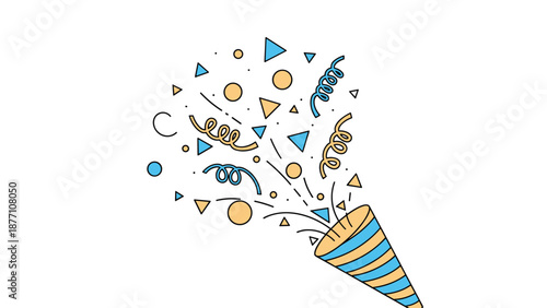 Striped party popper emitting a burst of blue and yellow confetti shapes represents a joyful celebration or event for any happy occasion.