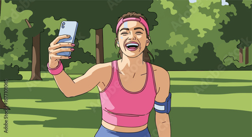 Joyful and active young woman capturing a cheerful selfie moment in a sunny park, embracing her fitness journey and healthy lifestyle