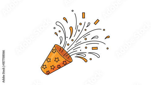 Orange party popper with star patterns exploding with festive streamers represents a celebration or special event for any joyful moment.
