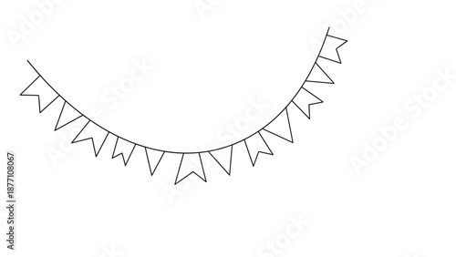 Minimalist black and white line art of a festive bunting garland represents simple party decorations and events for any special occasion.