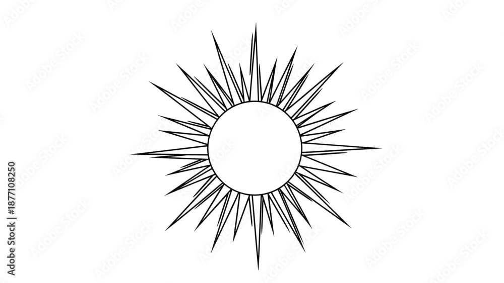 Obraz premium Stylized sun with numerous sharp rays radiating from a central circle in a black and white line art illustration style.