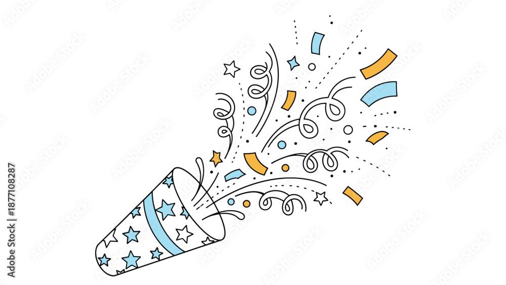 Obraz premium Blue party popper with white stars shooting out a mix of colorful confetti and streamers for festive occasions and parties.