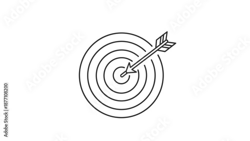 Target board with an arrow hitting the bullseye in a simple black and white line art style symbolizing success and goals.