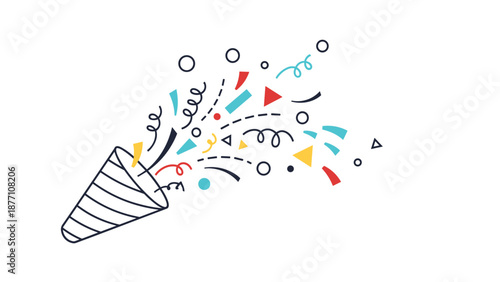 Festive party popper releasing a variety of colorful confetti shapes and streamers on a white background for celebrations.