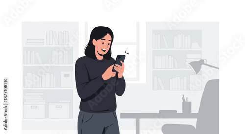 Smiling young woman engaging with her smartphone, happily browsing social media or messaging friends in a contemporary home office environment, embodying modern digital interaction