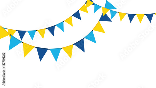 Two rows of blue and yellow triangular bunting flags hanging as decorations for a festive party or celebratory event.