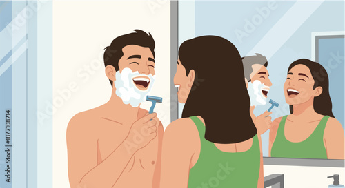 A happy couple sharing a laugh while shaving in the bathroom, reflecting a moment of joy and domestic bliss