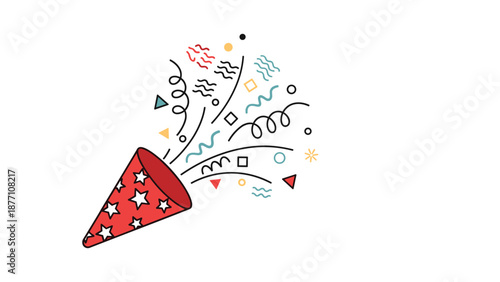 Red party popper with white stars exploding with colorful confetti and streamers for birthday and holiday celebrations.