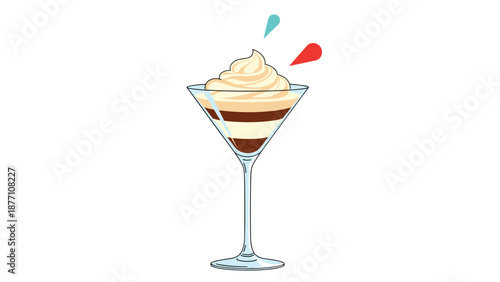 Delicious layered dessert served in a martini glass topped with whipped cream and decorative red and blue accents.
