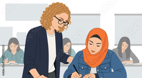 Dedicated female teacher provides individualized academic support to a focused student wearing a hijab during a classroom assessment, promoting an inclusive learning experience