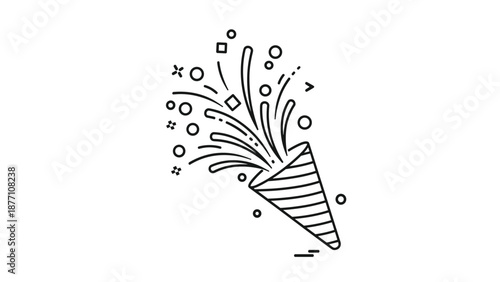 Black and white line art of a party popper shooting out various geometric confetti shapes and festive streamers.