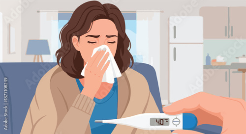 Woman blowing her nose in a tissue while her temperature is being taken with a digital thermometer, indicating sickness or fever