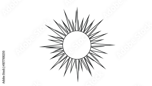 Stylized sun with numerous sharp rays radiating from a central circle in a black and white line art illustration style.