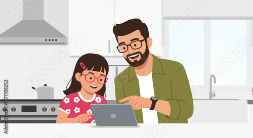 Joyful father and daughter bonding over an interactive digital learning experience on a laptop in a bright, modern kitchen setting, fostering connection and skill development