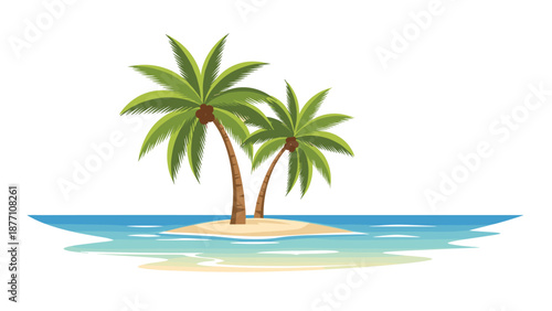 Idyllic tropical island featuring two palm trees on a small sandy beach surrounded by clear blue ocean water under a white sky.
